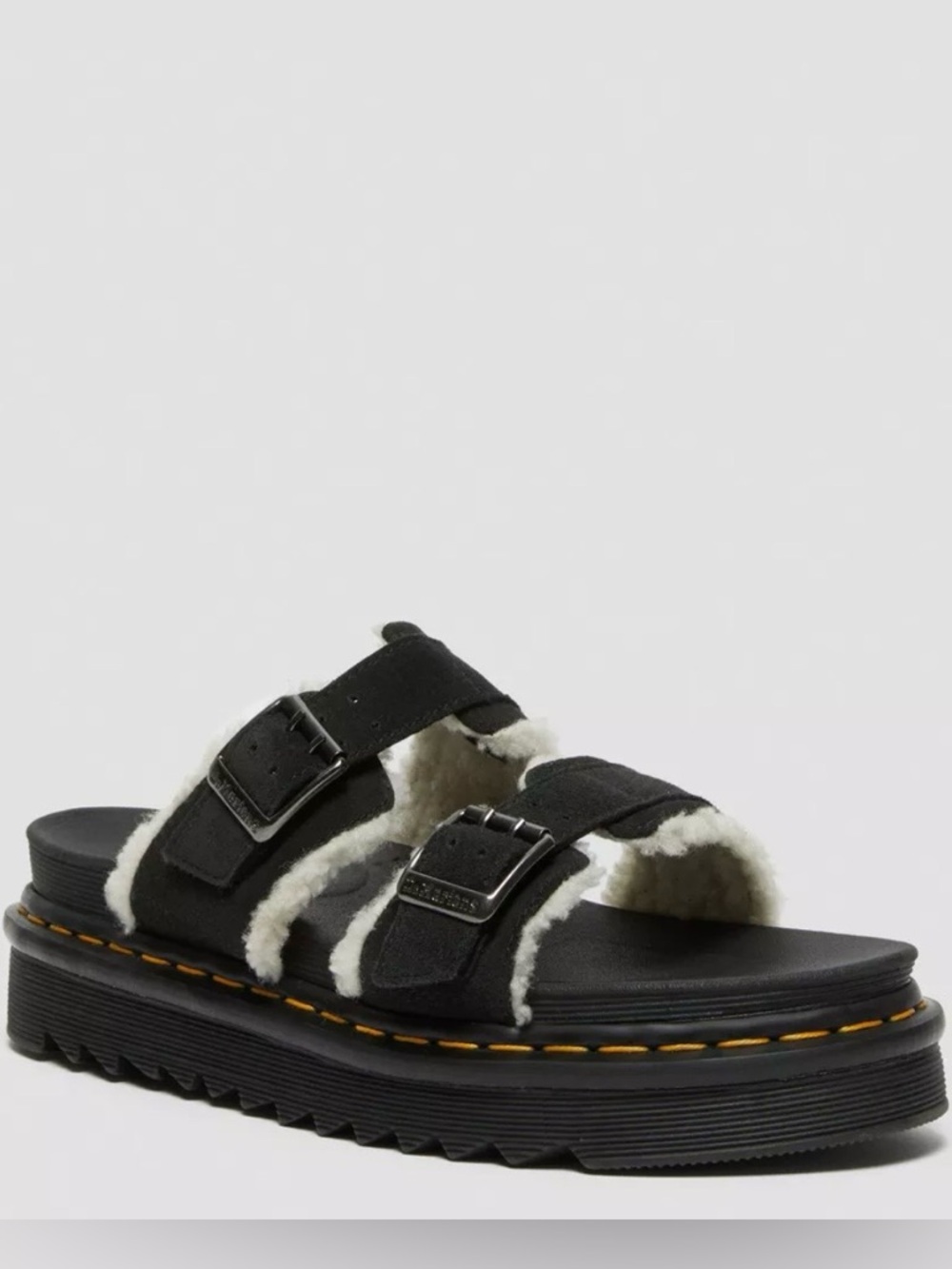 Dr. Martens Black Shearling Double Buckle Platform Sandals